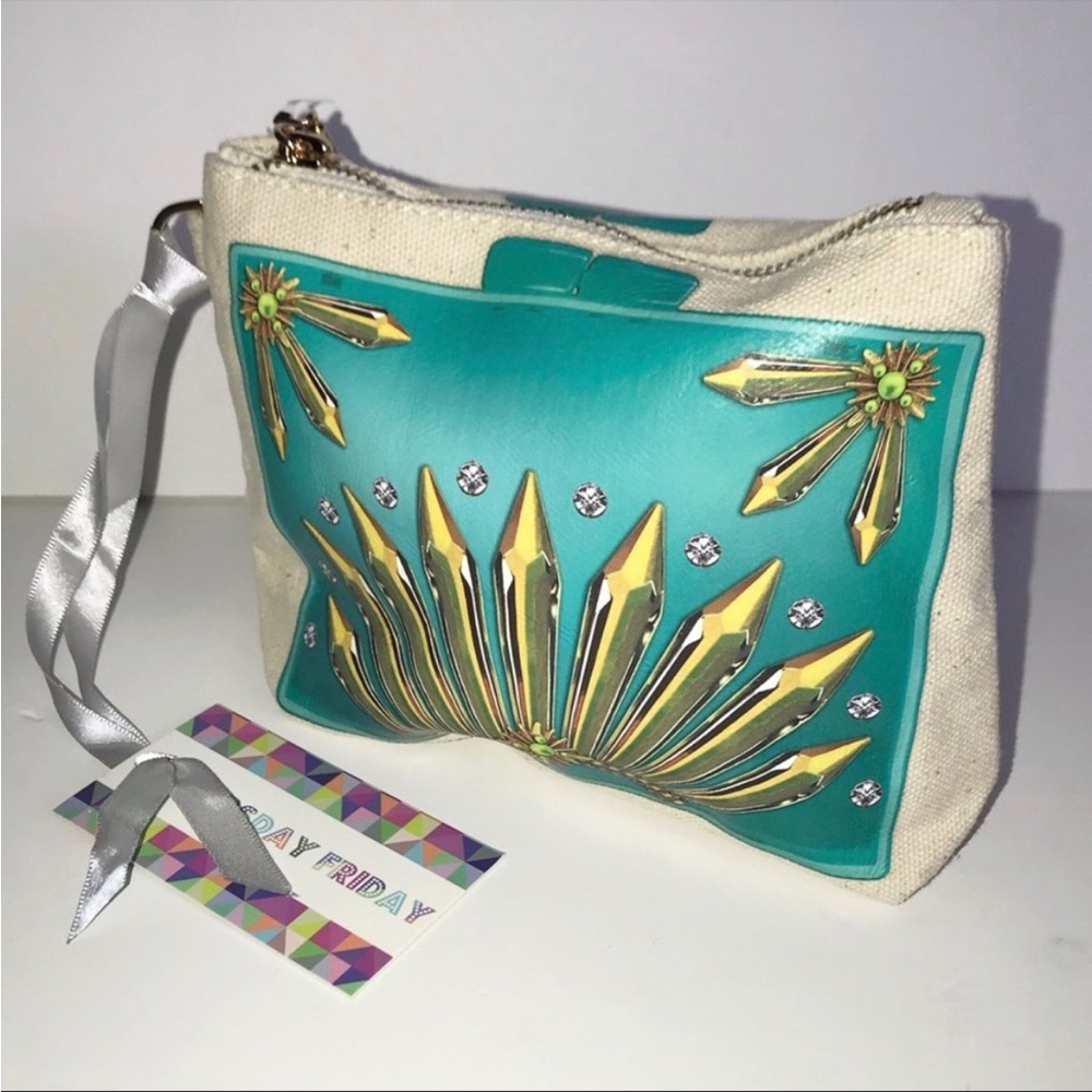 Canvas Blue Green Jewel Print Zip Pouch Bag